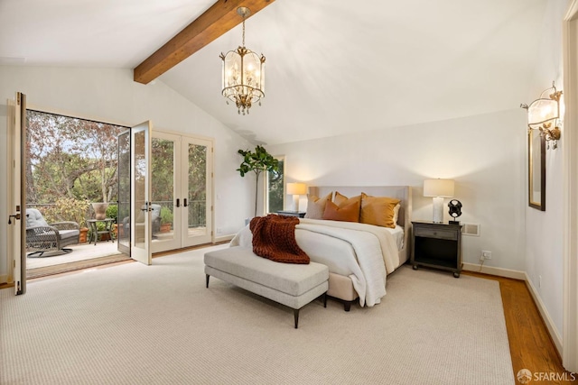 bedroom featuring vaulted ceiling with beams, a chandelier, baseboards, access to exterior, and french doors