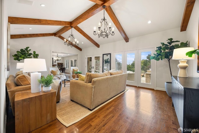 living area featuring wood finished floors, lofted ceiling with beams, french doors, and an inviting chandelier