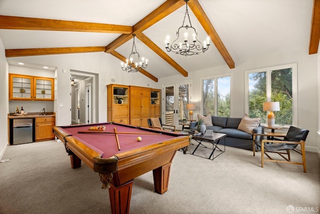 playroom with vaulted ceiling with beams, pool table, light colored carpet, a sink, and wet bar