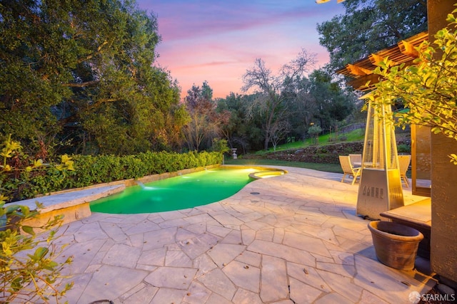 pool at dusk with an outdoor pool and a patio