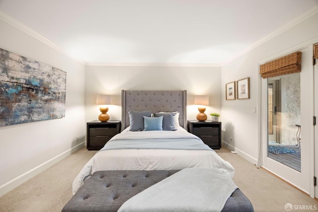 bedroom featuring ornamental molding, light colored carpet, and baseboards