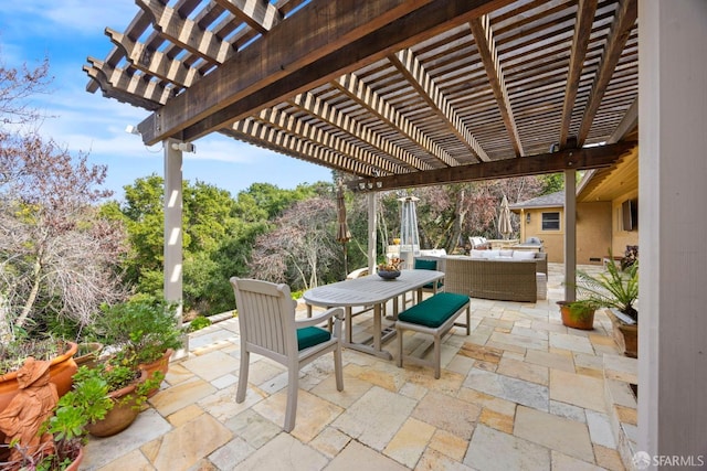 view of patio / terrace with outdoor dining space, an outdoor hangout area, and a pergola