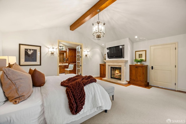 bedroom featuring baseboards, a glass covered fireplace, vaulted ceiling with beams, an inviting chandelier, and recessed lighting