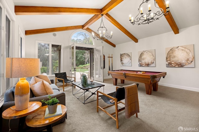 recreation room with lofted ceiling with beams, pool table, baseboards, and light colored carpet