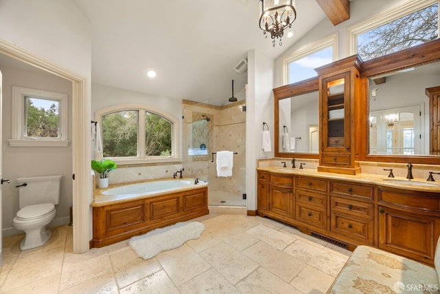 bathroom with lofted ceiling, a chandelier, a sink, and a shower stall