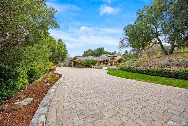 view of front facade with a front lawn and decorative driveway