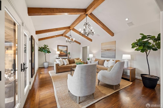 living room with dark wood finished floors, a notable chandelier, vaulted ceiling with beams, visible vents, and baseboards