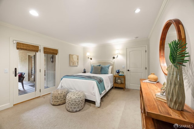 bedroom with ornamental molding, carpet, recessed lighting, and access to exterior