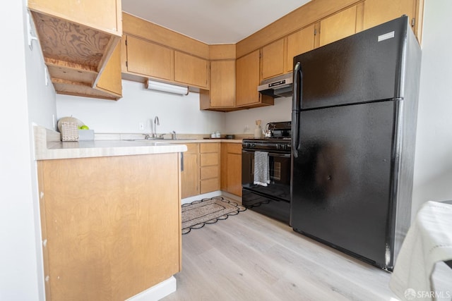 262 Topeka Ave, San Francisco, CA 94124 - kitchen featuring black appliances, under cabinet range hood, light wood-style flooring, a sink, and light countertops