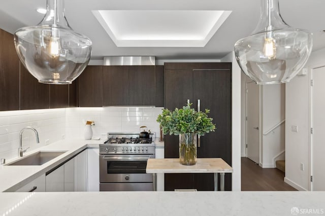 kitchen with high end stove, backsplash, sink, and dark brown cabinetry