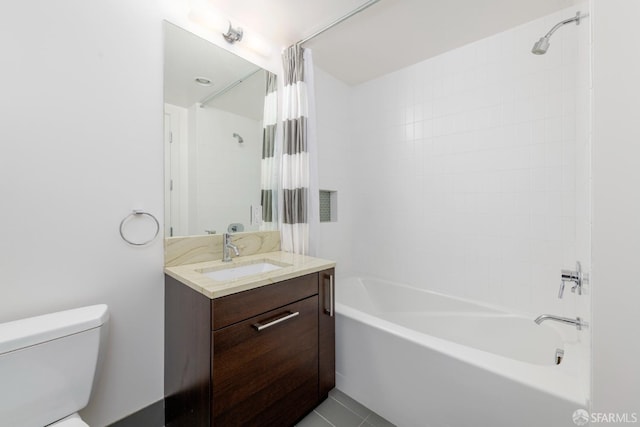 full bathroom with vanity, toilet, tile patterned floors, and shower / bath combination with curtain