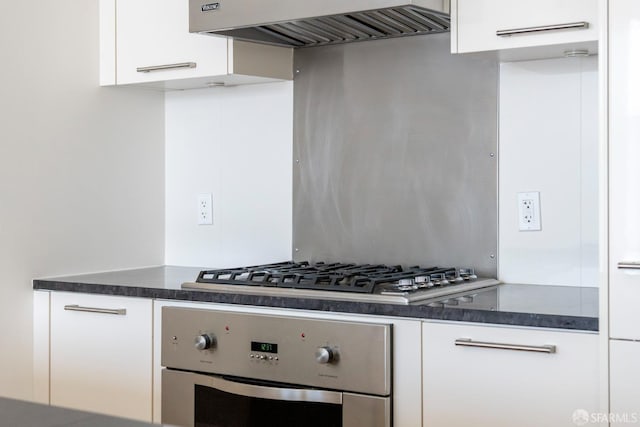 kitchen with range hood, stainless steel appliances, and white cabinetry