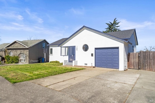 ranch-style house with a garage, concrete driveway, stucco siding, fence, and a front yard