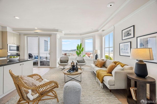 living room featuring ornamental molding, light wood-type flooring, and recessed lighting