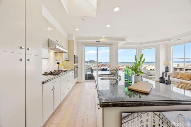 kitchen featuring under cabinet range hood, stainless steel appliances, a sink, ornamental molding, and an island with sink