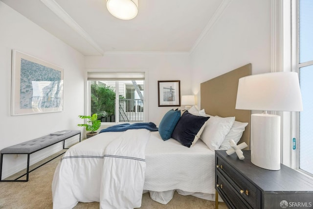 bedroom with crown molding, access to outside, and carpet flooring