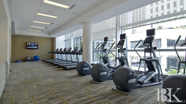 gym featuring carpet floors and visible vents