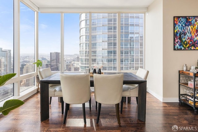 dining space featuring a view of city, expansive windows, baseboards, and wood finished floors