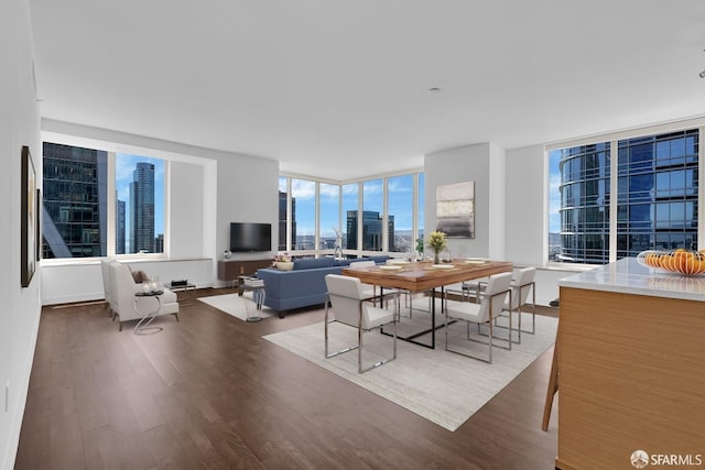 dining area with a wall of windows and wood finished floors