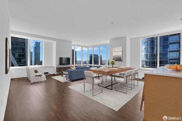 dining room featuring wood finished floors and floor to ceiling windows