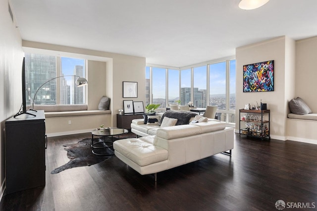 living room featuring a wall of windows and dark hardwood / wood-style flooring