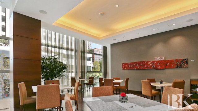 dining room featuring expansive windows, wood finished floors, and a raised ceiling