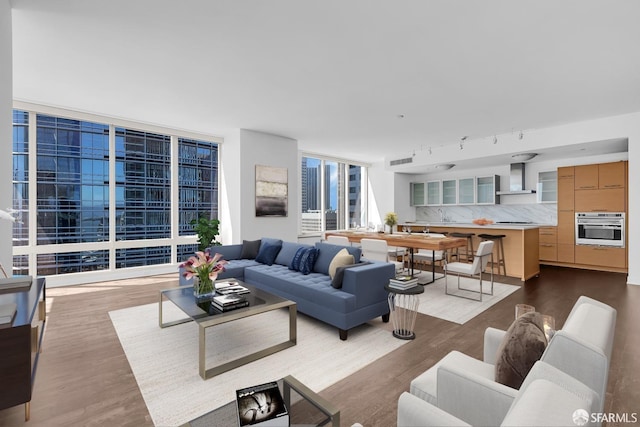 living room featuring expansive windows, dark wood-style flooring, and visible vents