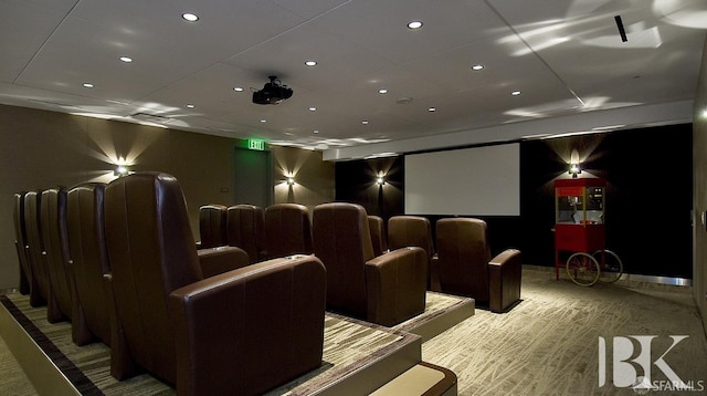 carpeted home theater room with recessed lighting