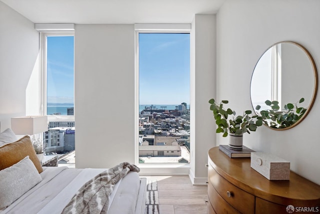 bedroom with light wood-type flooring, floor to ceiling windows, and a water view