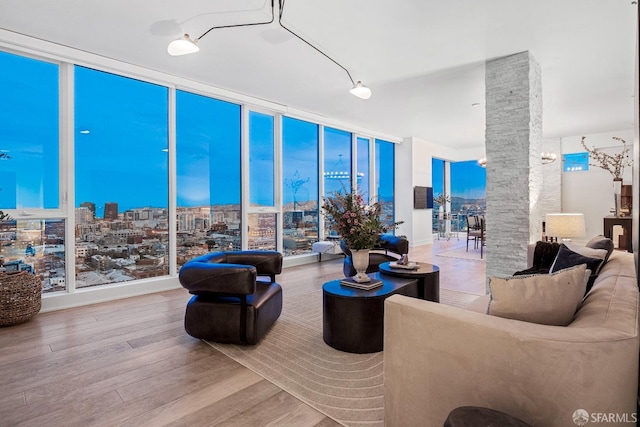 living room featuring a wall of windows, light hardwood / wood-style floors, and a wealth of natural light