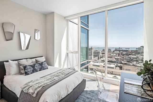 bedroom featuring a water view and multiple windows