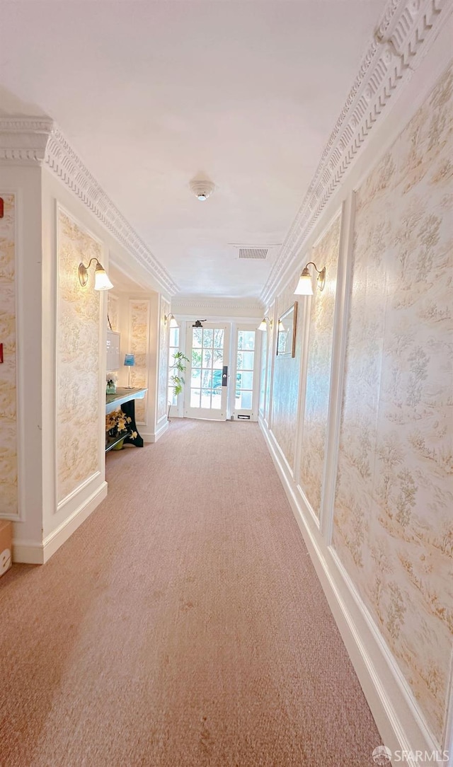 11 Wood St, San Francisco, CA 94118 - corridor featuring wallpapered walls, carpet, crown molding, and baseboards