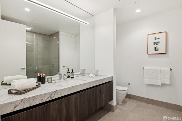 1 Bristol Ct Unit 202, San Francisco, CA 94130 - full bathroom with vanity, toilet, a shower stall, tile patterned flooring, and recessed lighting