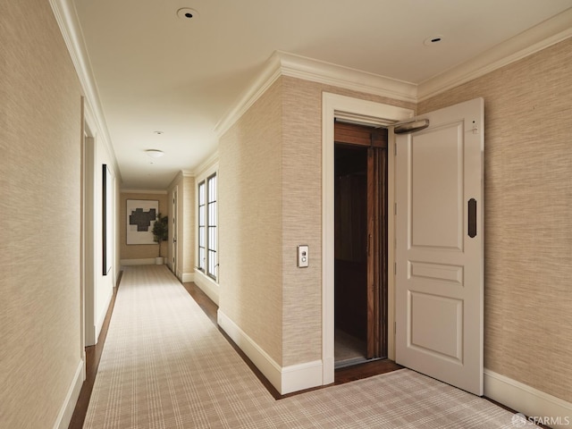 hallway with light colored carpet, ornamental molding, and baseboards