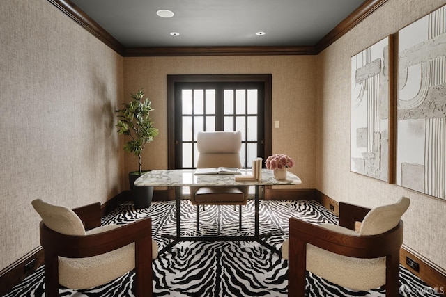 home office with ornamental molding, wallpapered walls, and baseboards