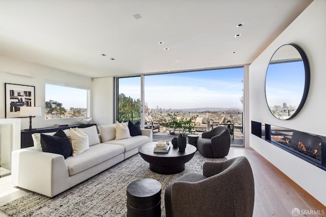 living room with light hardwood / wood-style floors and floor to ceiling windows