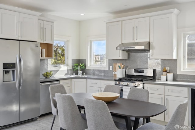 kitchen with white cabinets, appliances with stainless steel finishes, a sink, under cabinet range hood, and backsplash