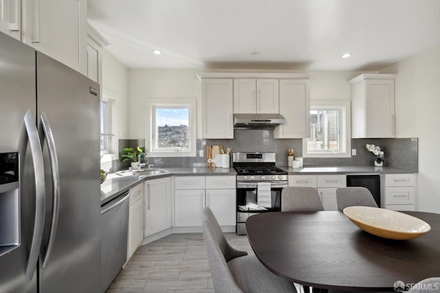 kitchen with under cabinet range hood, a sink, white cabinets, appliances with stainless steel finishes, and tasteful backsplash