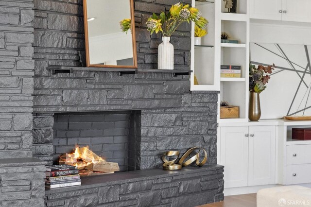 detailed view of a stone fireplace