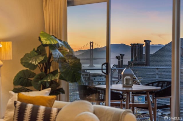 dining area featuring a water view