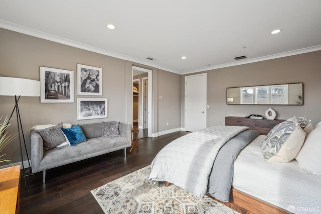 bedroom featuring ornamental molding and dark wood-type flooring