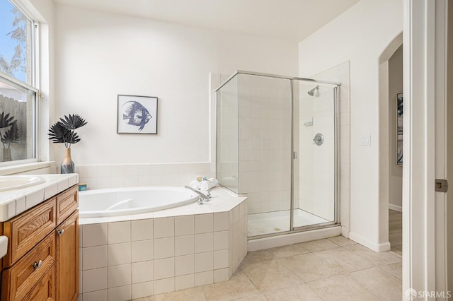 1845 Kern Mountain Way, Antioch, CA 94531 - bathroom featuring a bath, a shower stall, vanity, and tile patterned floors