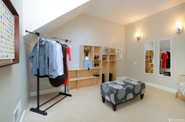 interior space featuring carpet, lofted ceiling, and a spacious closet