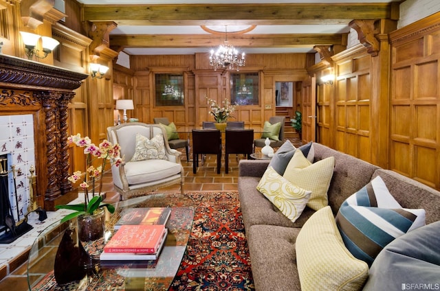 living room featuring an inviting chandelier, wood walls, and beamed ceiling