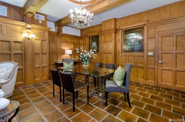 dining space featuring beam ceiling, wooden walls, and an inviting chandelier