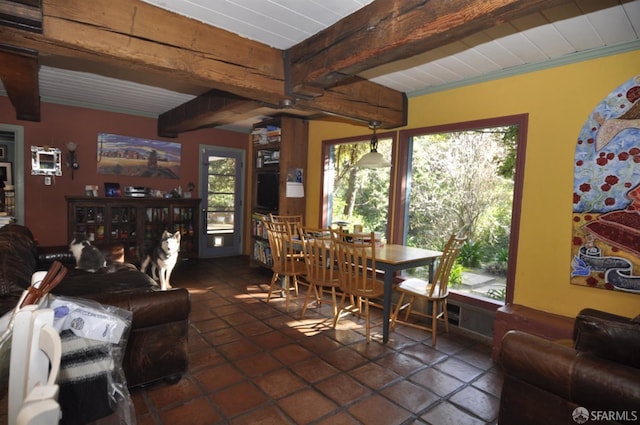 dining room featuring wooden ceiling and beamed ceiling