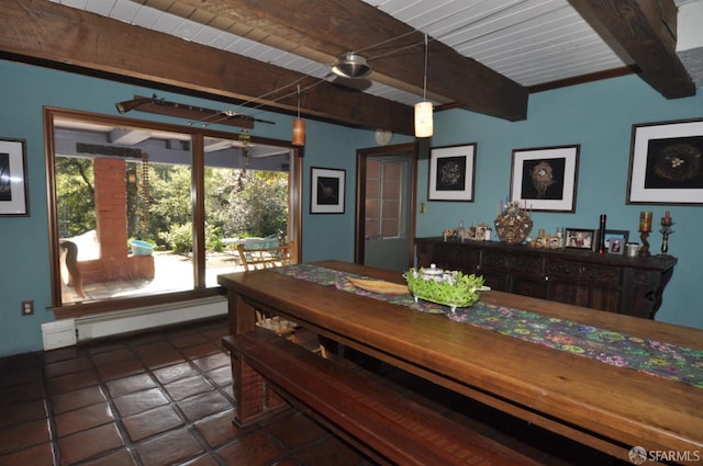 dining room with wooden ceiling, a baseboard radiator, and beam ceiling