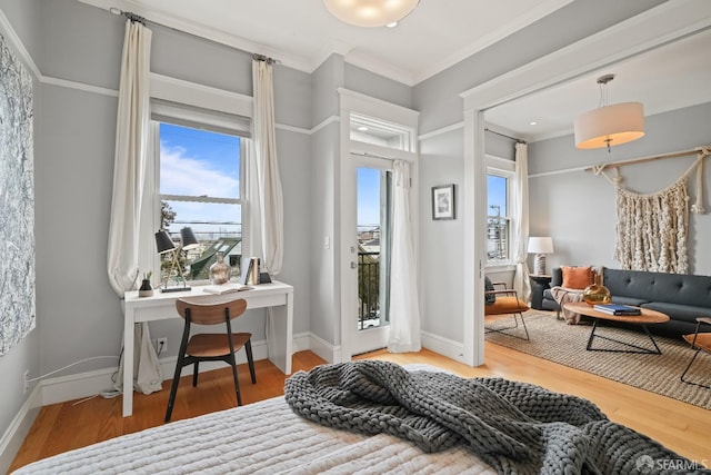 interior space with baseboards, wood finished floors, and ornamental molding