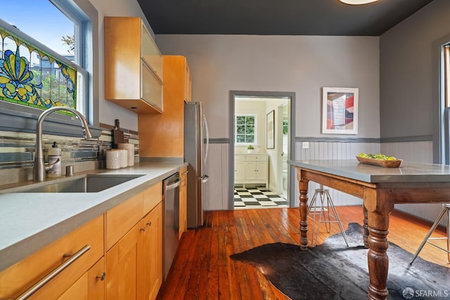 kitchen with a sink, stainless steel appliances, dark wood-type flooring, a wainscoted wall, and light countertops
