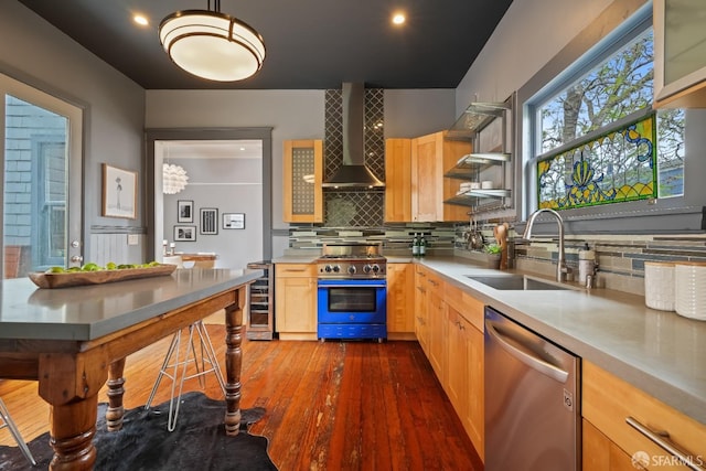 kitchen with wall chimney range hood, a sink, appliances with stainless steel finishes, light brown cabinetry, and dark wood-style flooring